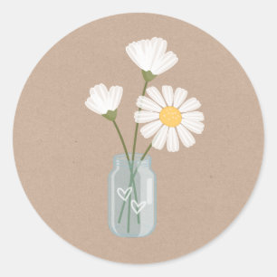 Simple White Daisies Mason Jar Hearts Bouquet Classic Round Sticker