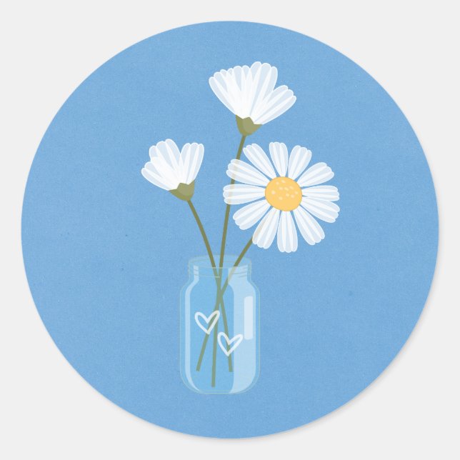 Simple White Daisies Mason Jar Hearts Bouquet Classic Round Sticker (Front)