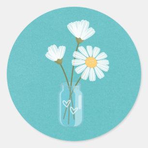 Simple White Daisies Mason Jar Hearts Bouquet Classic Round Sticker