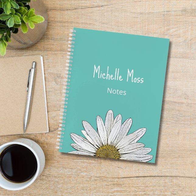 Simple White Daisy Botanical Trendy Teal Green Notebook (Creator Uploaded)