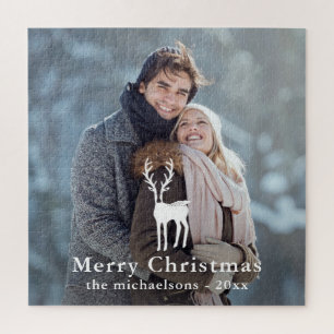 Simple White Deer Overlay Christmas Holiday Photo Jigsaw Puzzle