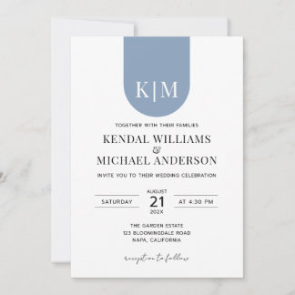 Simple white dusty blue elegant monogram wedding invitation