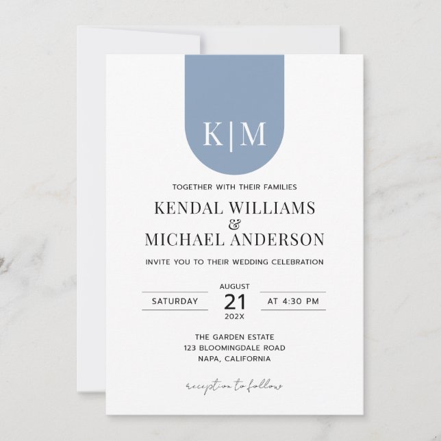 Simple white dusty blue elegant monogram wedding invitation (Front)