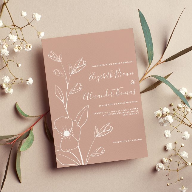 Simple white dusty rose flowers sketch wedding invitation (Simple white dusty rose flowers sketch wedding)
