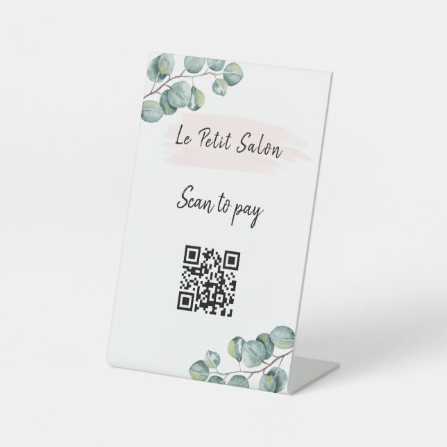 Simple White Eucalyptus  QR Code Scan to Pay  Pedestal Sign (Front)