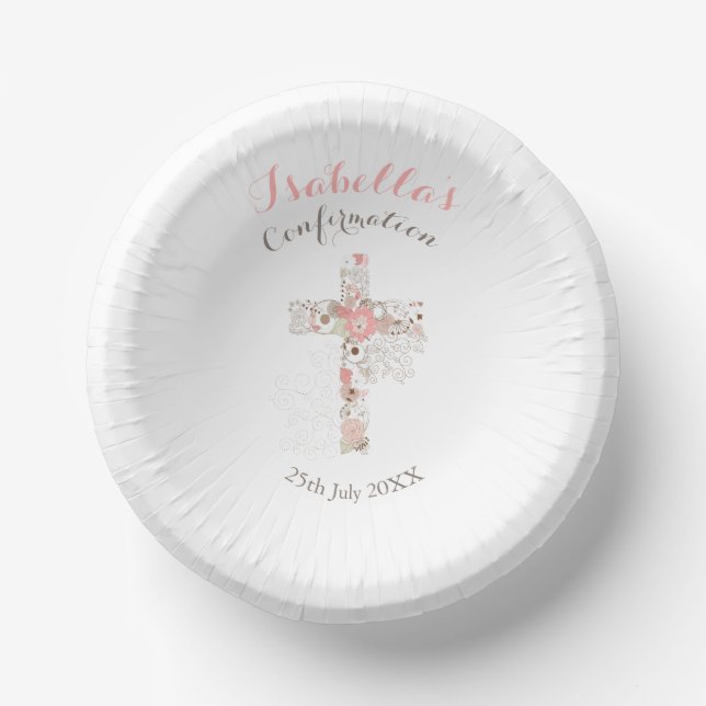 Simple white floral cross name girl confirmation paper plate (Front)