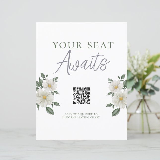 Simple White Floral QR Code Seating Chart Sign (Standing Front)