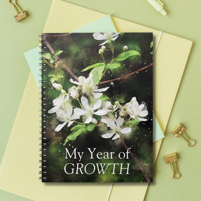 Simple White Flower Watercolor Notebook (Journal with beautiful white flowers on a vibrant green background and the words "My Year of Growth")
