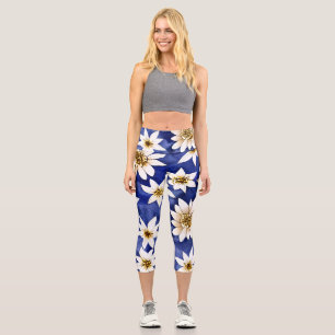 Simple White Flowers on Blue Background Watercolor Capri Leggings