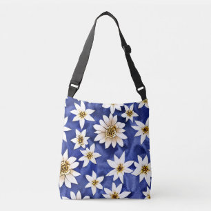 Simple White Flowers on Blue Background Watercolor Crossbody Bag