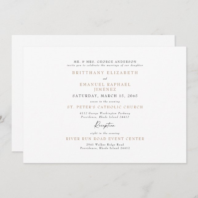 Simple White & Gold Bride Parents Wedding  Invitation (Front/Back)