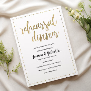 Simple white gold calligraphy Rehearsal Dinner Invitation