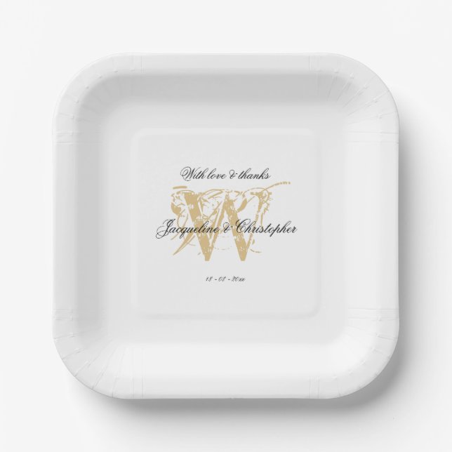 Simple White Gold Chic Wedding Elegant Monogram Paper Plate (Front)