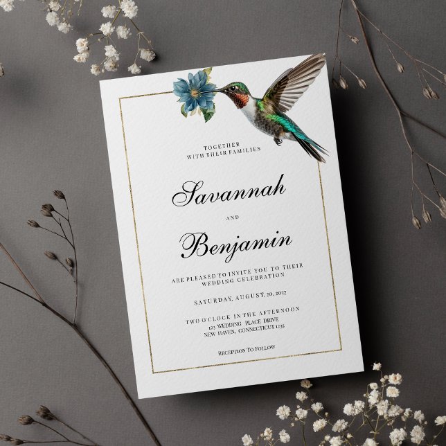  Simple white gold colourful hummingbird wedding Invitation (Simple white gold colorful hummingbird wedding)