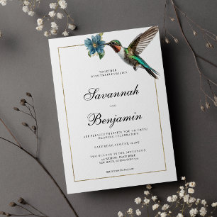 Simple white gold colourful hummingbird wedding Invitation