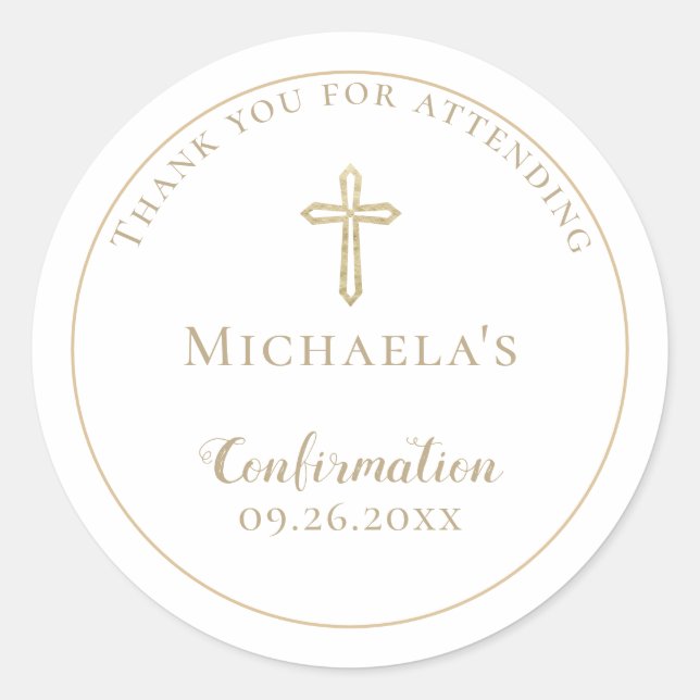 Simple White Gold Cross Confirmation  Classic Round Sticker (Front)