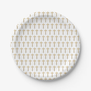 Simple white Gold Cross pattern Baby Baptism  Paper Plate