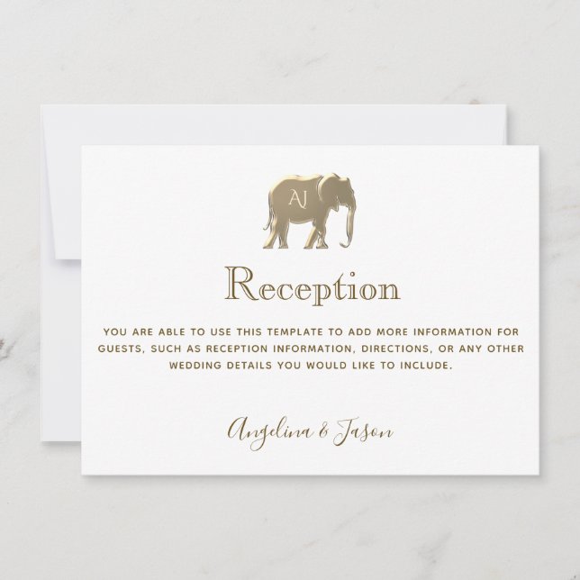 Simple White Gold Elephant Wedding Reception Card (Front)
