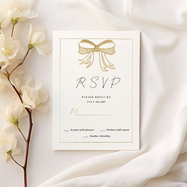 Simple white gold glitter bow ribbon RSVP  Invitation (Simple white gold glitter bow ribbon RSVP)