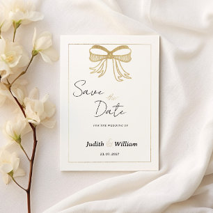 Simple white gold glitter bow ribbon Save the Date Invitation