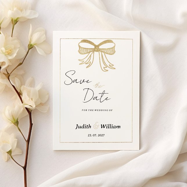 Simple white gold glitter bow ribbon Save the Date Invitation (Simple white gold glitter bow ribbon Save the Date)