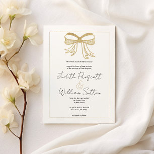 Simple white gold glitter bow ribbon Wedding Invitation