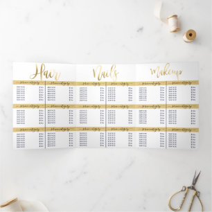 Simple White Gold Logo Salon Spa Price List Tri-Fold Invitation