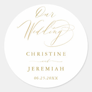 Simple White Gold Modern Script Wedding Classic Round Sticker