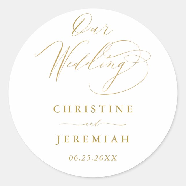 Simple White Gold Modern Script Wedding Classic Round Sticker (Front)