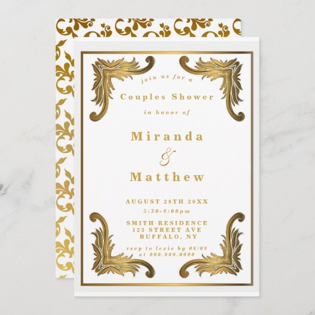 Simple White Gold Ornament Couples Shower Invites (Front/Back)
