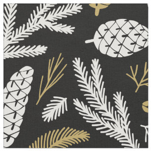 Simple White Gold Pine Cones Branches on Black Fabric