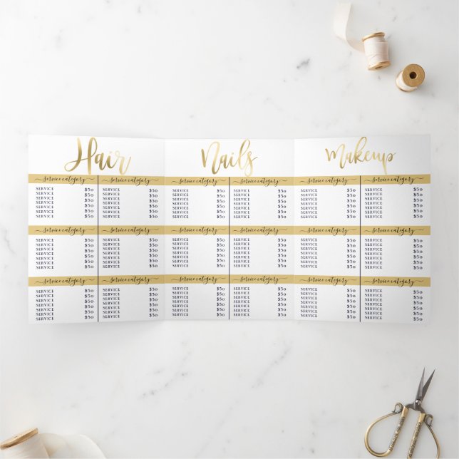 Simple White Gold Salon Spa Price List Tri-Fold Invitation (Inside)