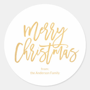 Simple White Gold Script Merry Christmas Classic Round Sticker