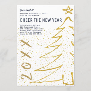 Simple white gold tree Cheer the New Year party Invitation