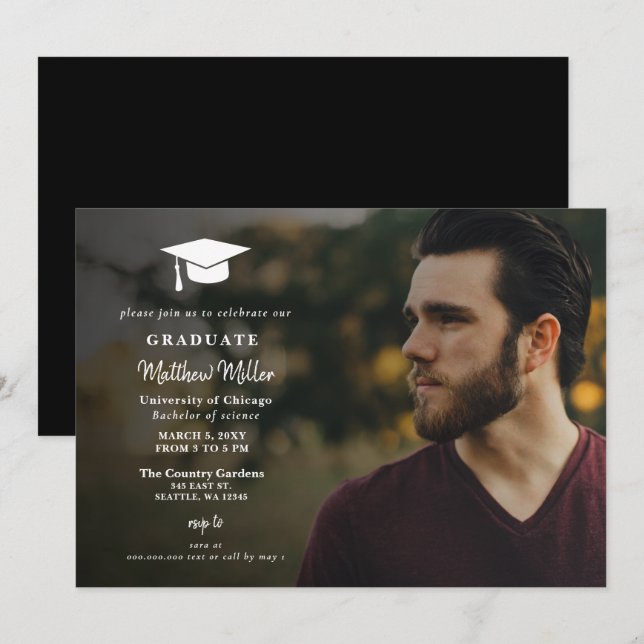 Simple White Grad Hat Classy Photo Graduation  Invitation (Front/Back)