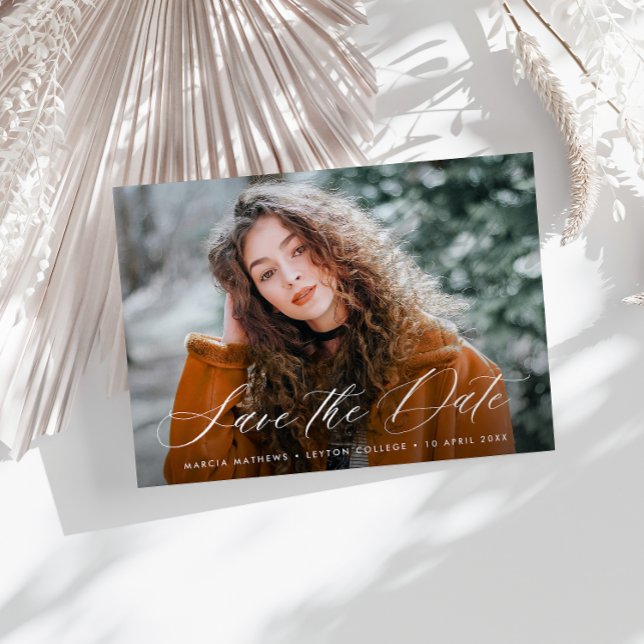 Simple white lettering graduation save the date postcard (Creator Uploaded)