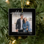 Simple White Merry Christmas Photo Black Ceramic Ornament<br><div class="desc">Wish your friends and family Merry Christmas this holiday season with this photo Christmas card that features a pine tree pattern on the back.</div>