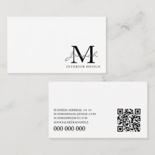 Simple White Minimalist Interior Design Monogram Business Card