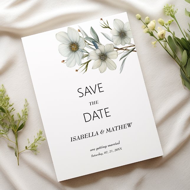 Simple white mint spring floral Save the Date Invitation (Simple white mint spring floral Save the Date)