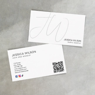 Simple White Modern Minimal Monogram QR Code Business Card