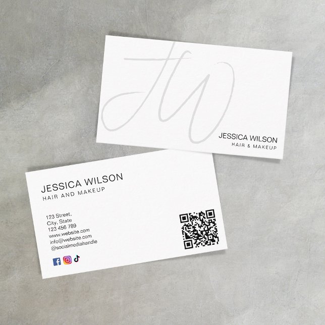 Simple White Modern Minimal Monogram QR Code Business Card (simple monogram business card
)