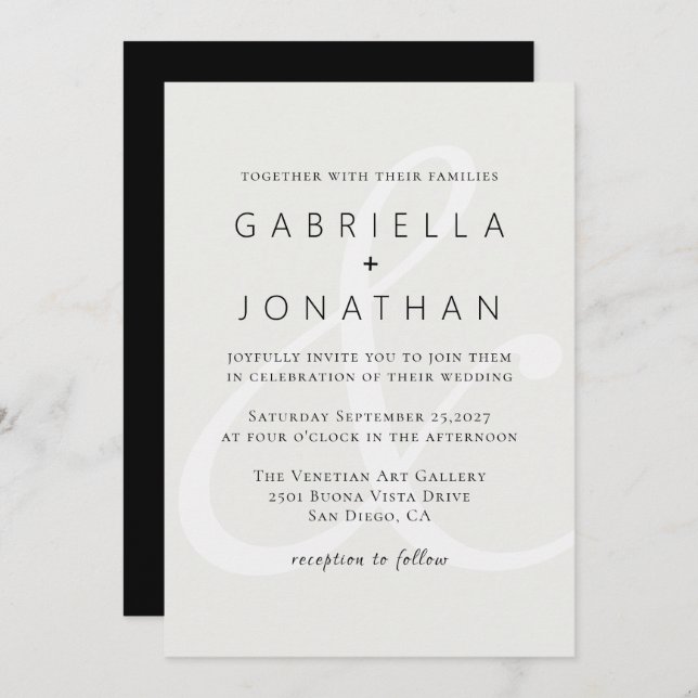 Simple White Monochromatic Ampersand Wedding Invitation (Front/Back)
