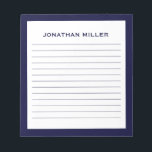 Simple White Navy Typographic Name Lined Notepad<br><div class="desc">A professional lined notepad with a minimalist design in a navy blue and white. Custom monogram initial and name on a simple white background,  framed by a navy border. Personalise using the fields provided or use the 'message' button to contact the designer for help.</div>