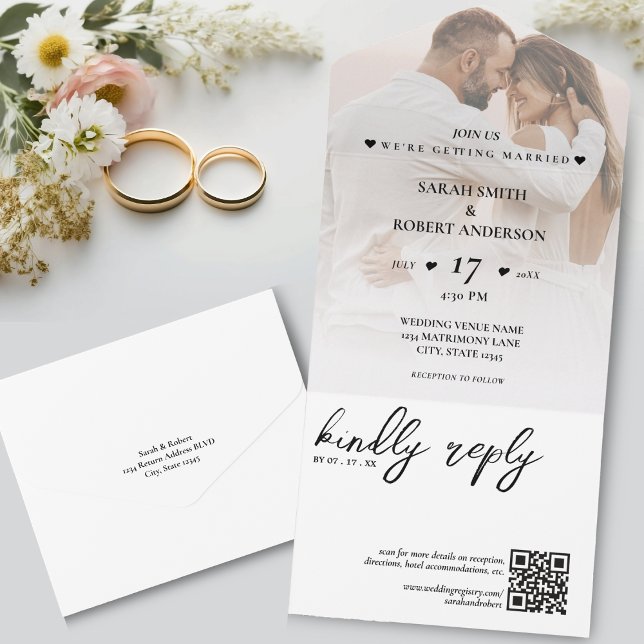 Simple White Newlywed Photo QR Code Wedding All In One Invitation (Simple White Newlywed Photo QR Code Wedding All In One Invitation)