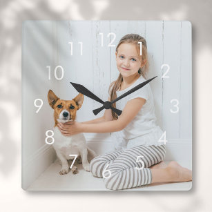 Simple White Numbers Personalised Photo Square Wall Clock