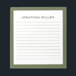 Simple White Olive Typographic Name Lined Notepad<br><div class="desc">A professional lined notepad with a minimalist design in an olive green and white colour palette. Custom monogram initial and name on a simple white background,  framed by an olive border. Personalise using the fields provided or use the 'message' button to contact the designer for help.</div>