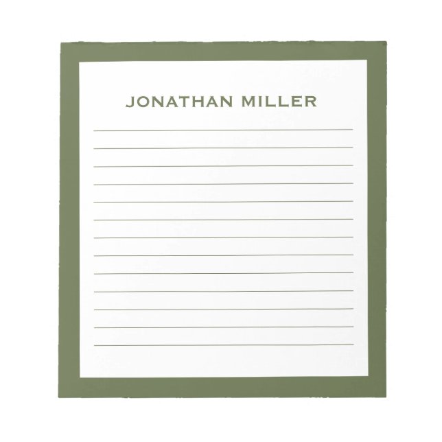 Simple White Olive Typographic Name Lined Notepad (Front)