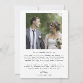 Simple White Overlay Text Wedding Photo Thank You Card (Back)