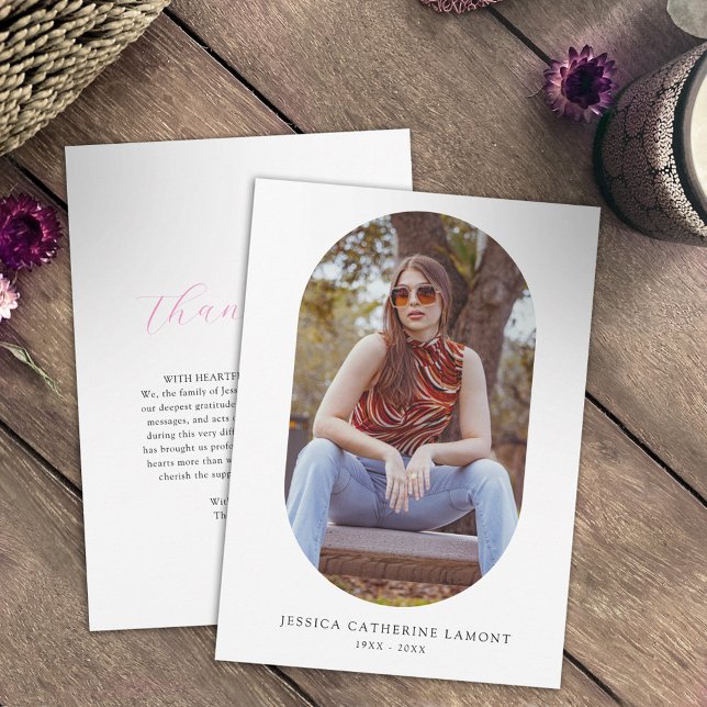 Simple white pink heart funeral oval photo wake thank you card (Creator Uploaded)