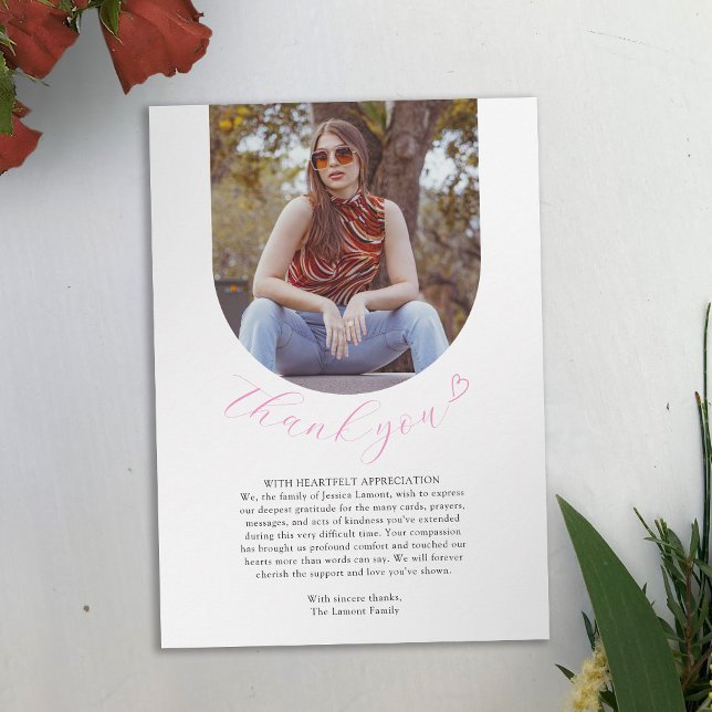 Simple white pink heart funeral photo wake thank you card (Creator Uploaded)